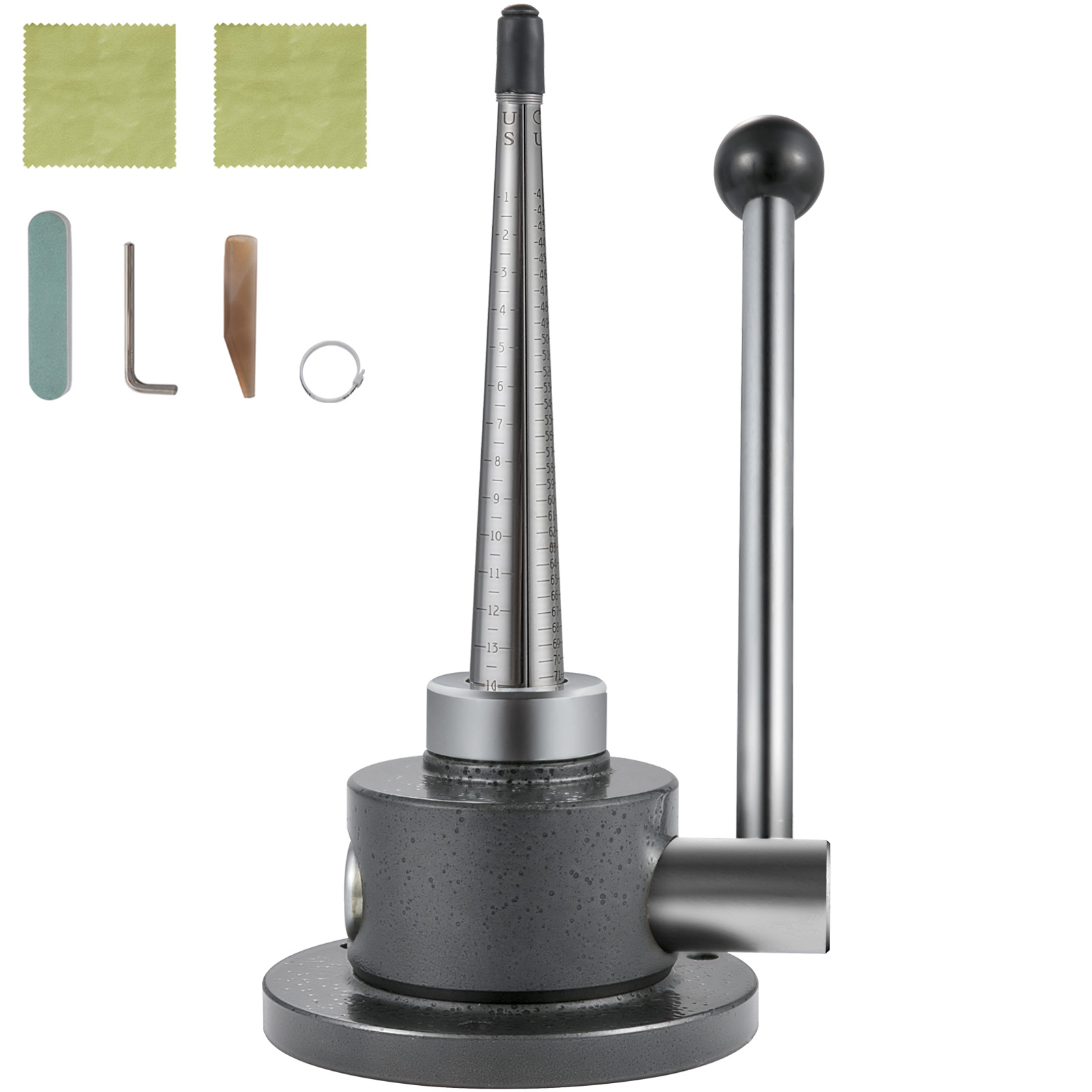 VEVOR ring stretcher reducer with tools, including files, ring, and cleaning cloths.