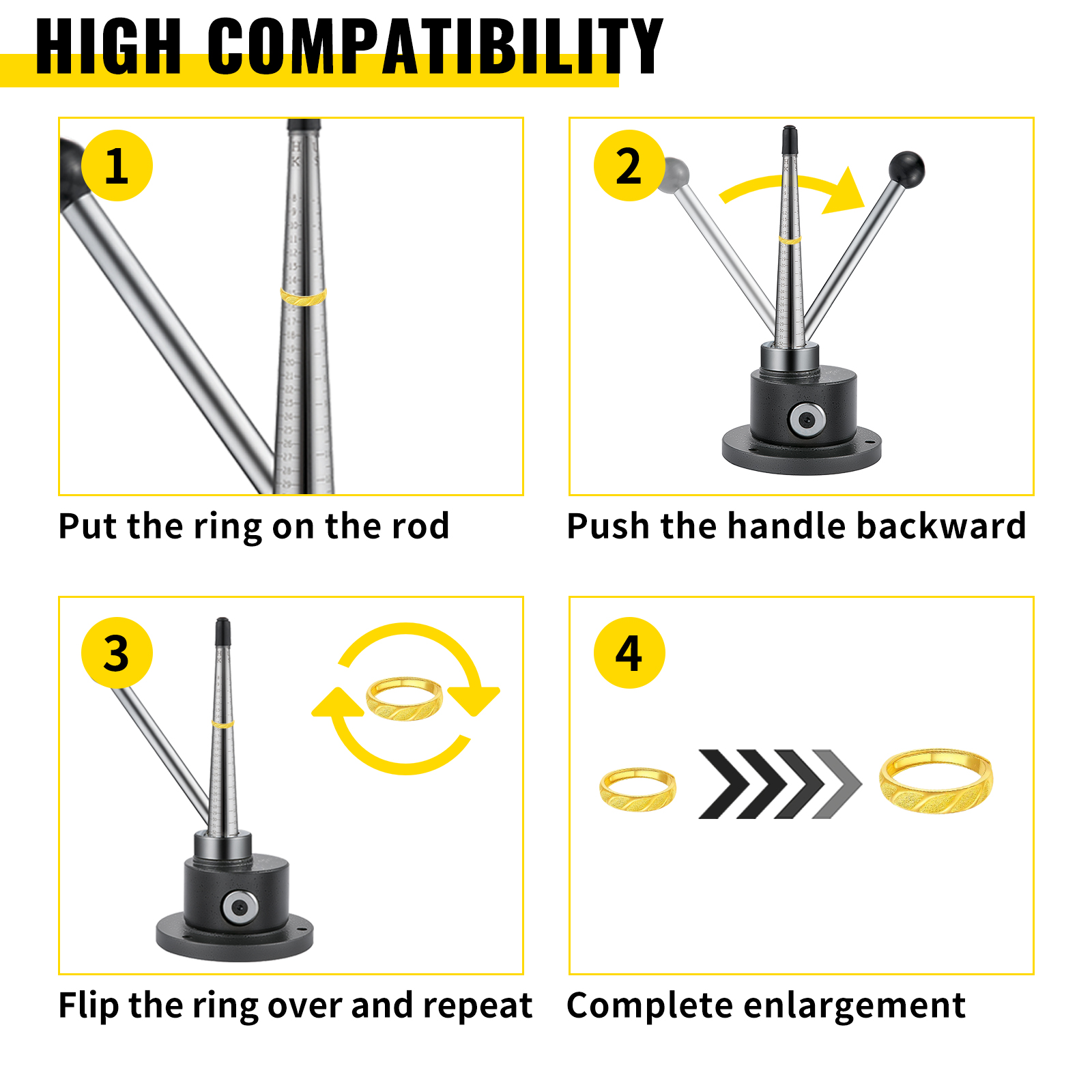 VEVOR ring stretcher reducer usage steps for enlarging and resizing rings.
