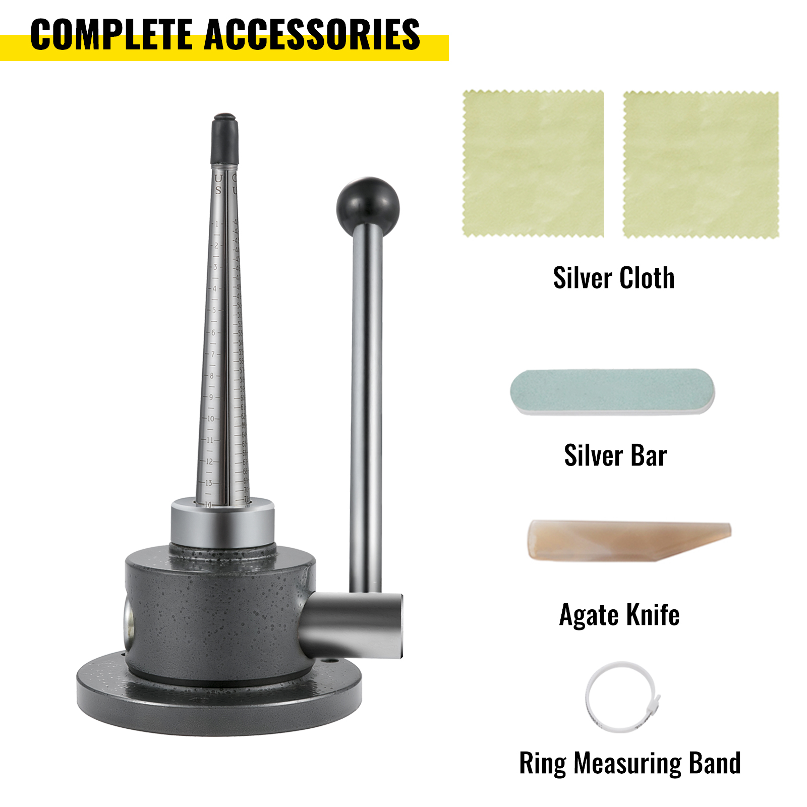 VEVOR ring stretcher reducer with silver cloth, silver bar, agate knife, ring measuring band.