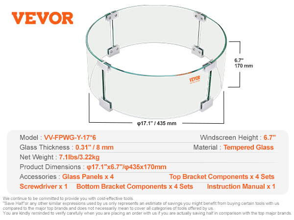 VEVOR fire pit wind guard with tempered glass, 6.7" height, 0.31" thickness, 23.2" diameter.