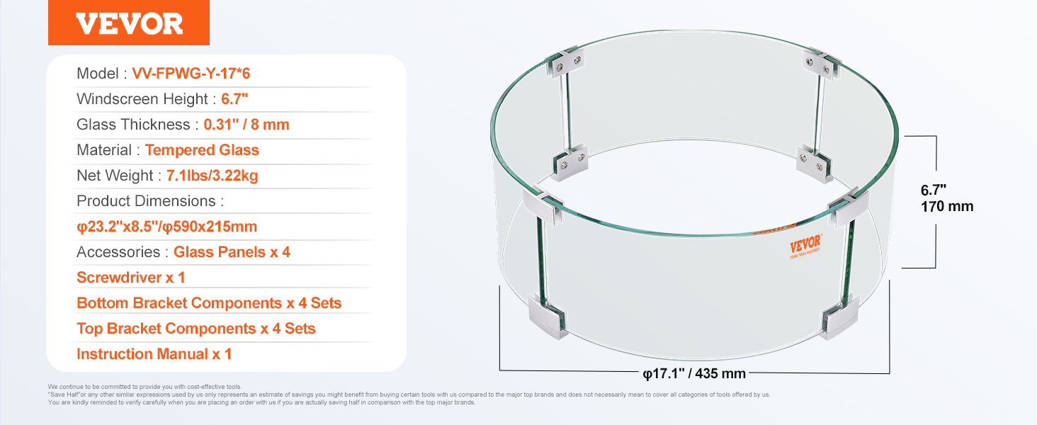 VEVOR fire pit wind guard with tempered glass, 6.7" height, 0.31" thickness, 23.2" diameter.