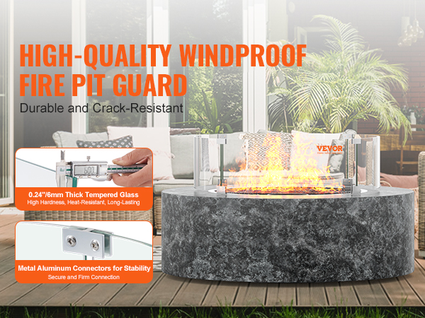 high-quality windproof VEVOR fire pit guard with thick tempered glass and aluminum connectors, outdoor.