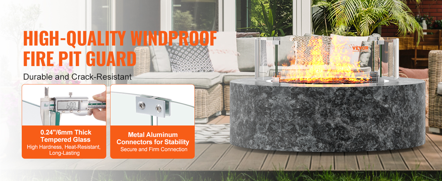 high-quality windproof VEVOR fire pit guard with thick tempered glass and aluminum connectors, outdoor.