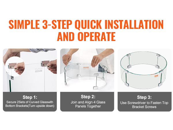 simple 3-step installation of VEVOR fire pit wind guard: securing glass, aligning panels, fastening screws.