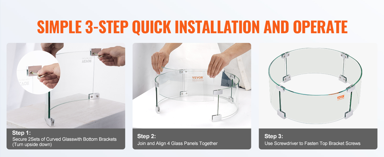 simple 3-step installation of VEVOR fire pit wind guard: securing glass, aligning panels, fastening screws.