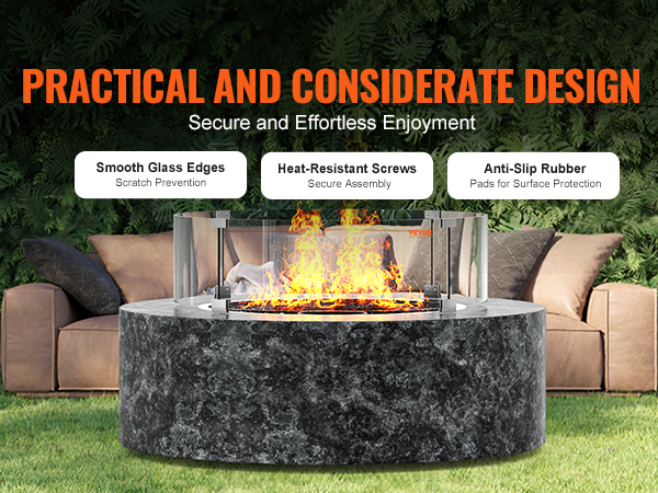 VEVOR fire pit wind guard with smooth glass edges, heat-resistant screws, and anti-slip rubber pads.