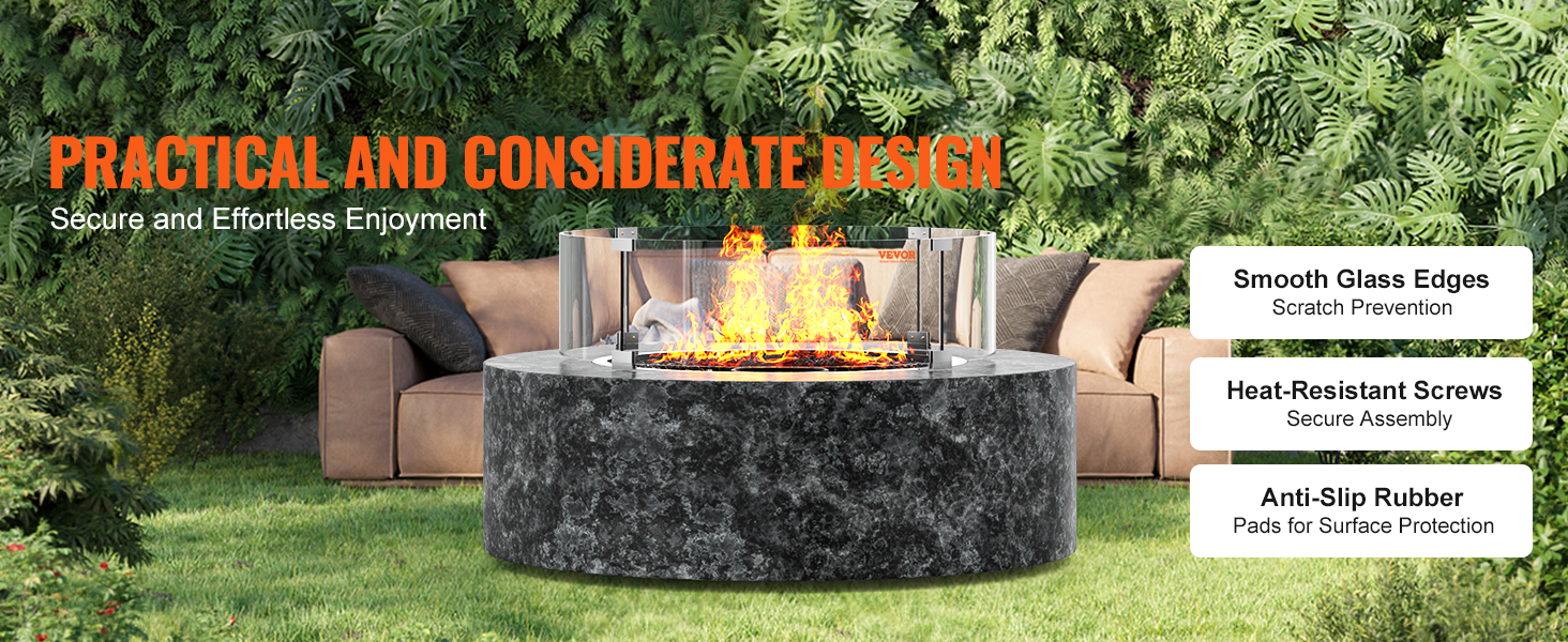 VEVOR fire pit wind guard with smooth glass edges, heat-resistant screws, and anti-slip rubber pads.