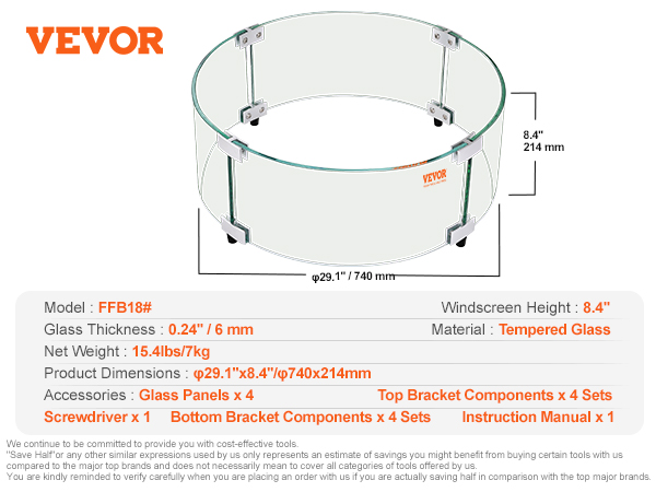 VEVOR fire pit wind guard, 29.1" diameter, 8.4" height, tempered glass with bracket components and screwdriver.