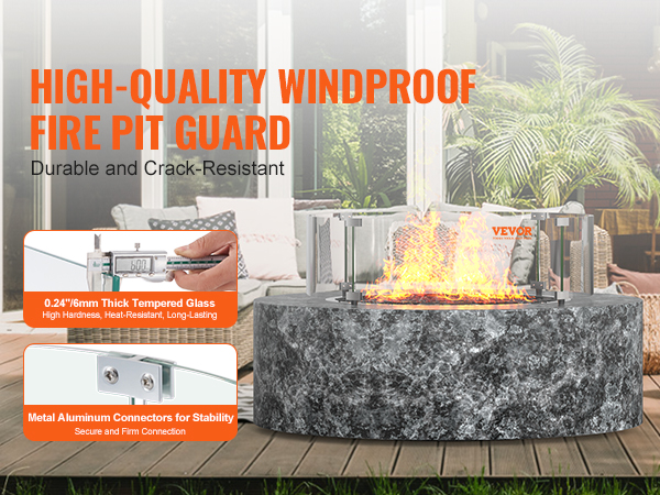 high-quality VEVOR fire pit wind guard with tempered glass and metal connectors for stability.