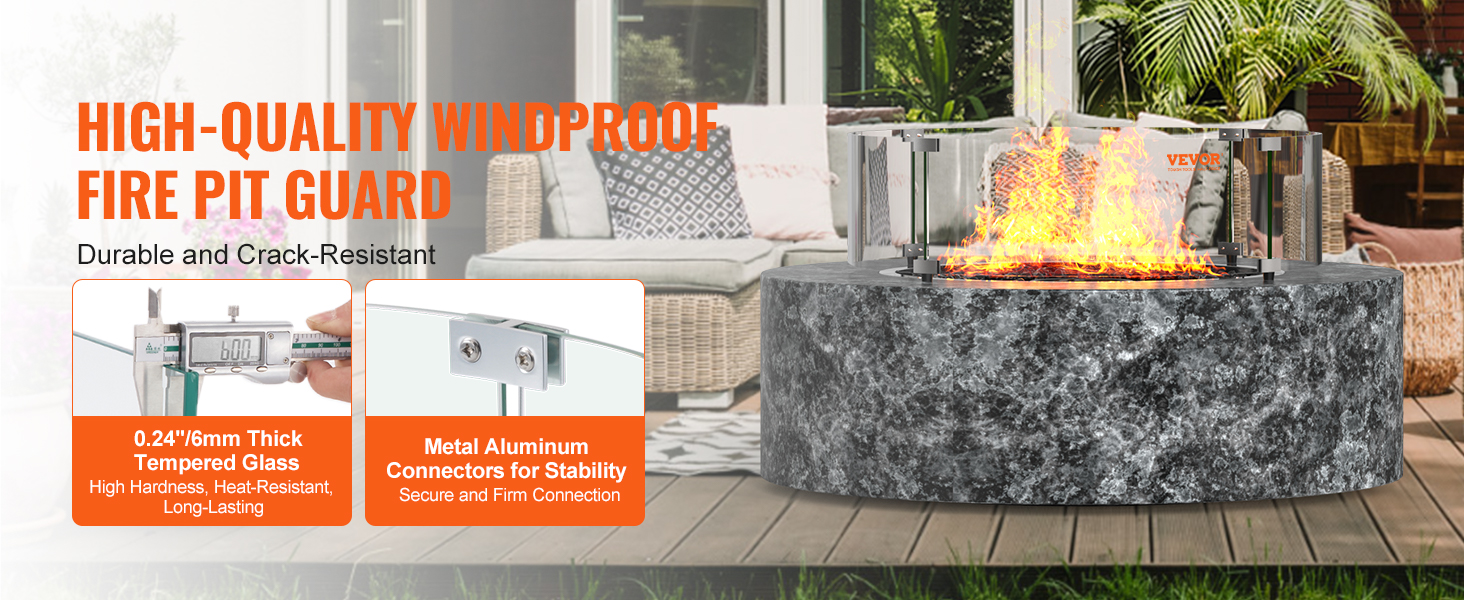 high-quality VEVOR fire pit wind guard with tempered glass and metal connectors for stability.