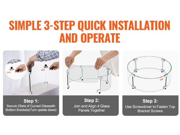 simple 3-step installation guide for VEVOR fire pit wind guard showcasing secure brackets and glass alignment.