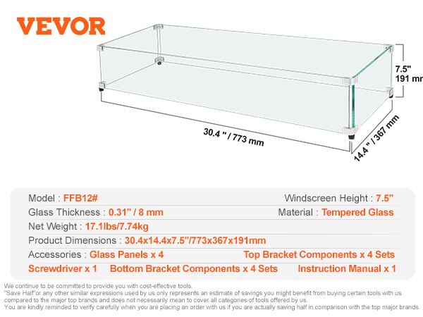 VEVOR glass wind guard with 7.5" height, 0.31" thick tempered glass, and dimensions of 30.4"x14.4".