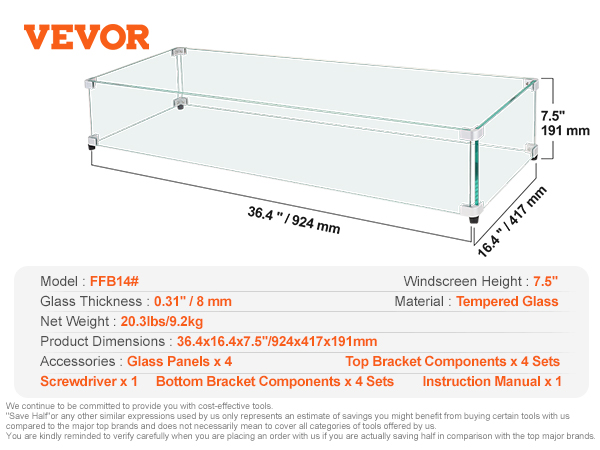 VEVOR glass wind guard dimensions, including 36.4"x16.4"x7.5", tempered glass, and 20.3 lbs weight.