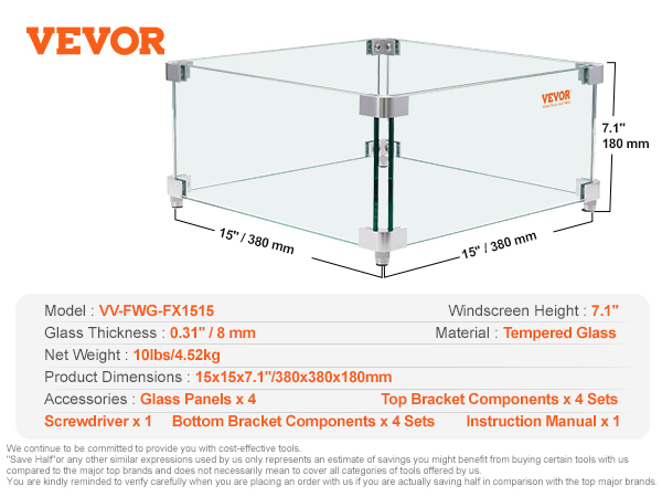 VEVOR gas fire pit wind guard, tempered glass, dimensions 15"x15"x7.1", model vv-fwg-fx1515.