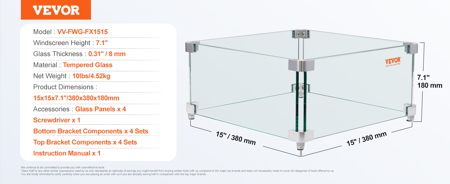 VEVOR gas fire pit wind guard, tempered glass, dimensions 15"x15"x7.1", model vv-fwg-fx1515.