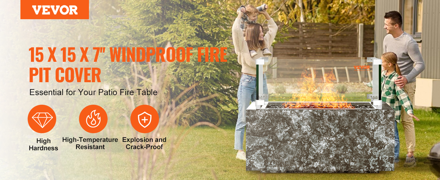 VEVOR gas fire pit wind guard showcasing a family enjoying a fire pit with high hardness and heat resistance.