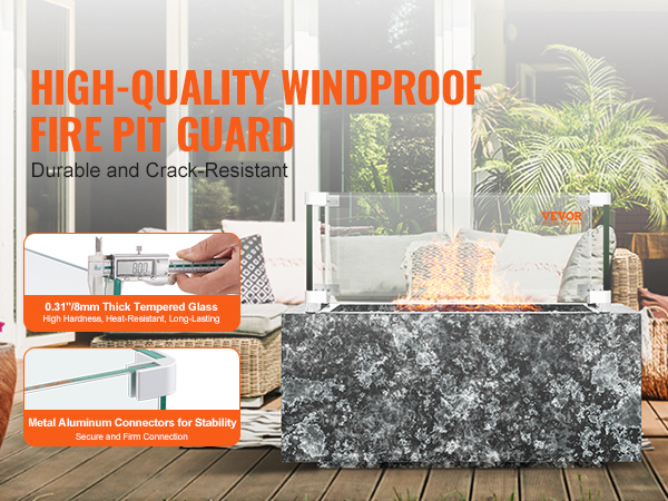 VEVOR gas fire pit wind guard with 0.31" tempered glass and metal aluminum connectors for stability.