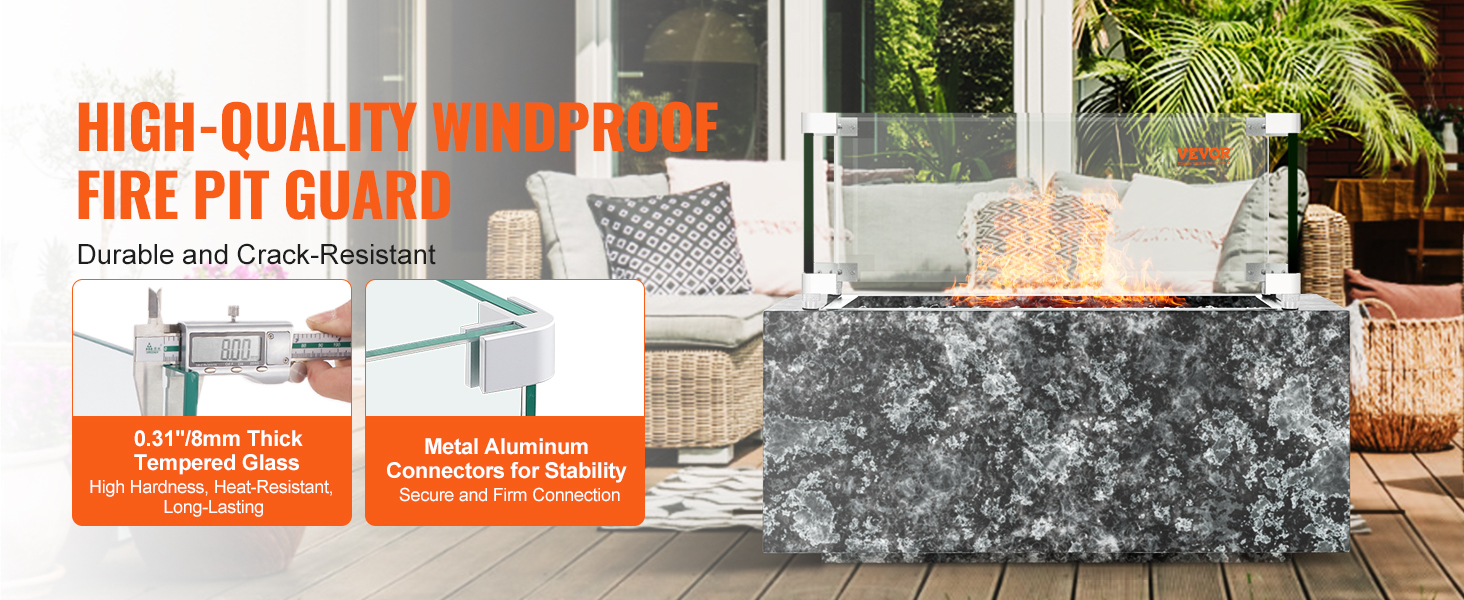 VEVOR gas fire pit wind guard with 0.31" tempered glass and metal aluminum connectors for stability.