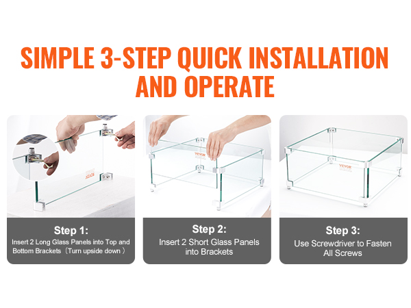 simple 3-step installation of VEVOR gas fire pit wind guard with glass panels and metal brackets.