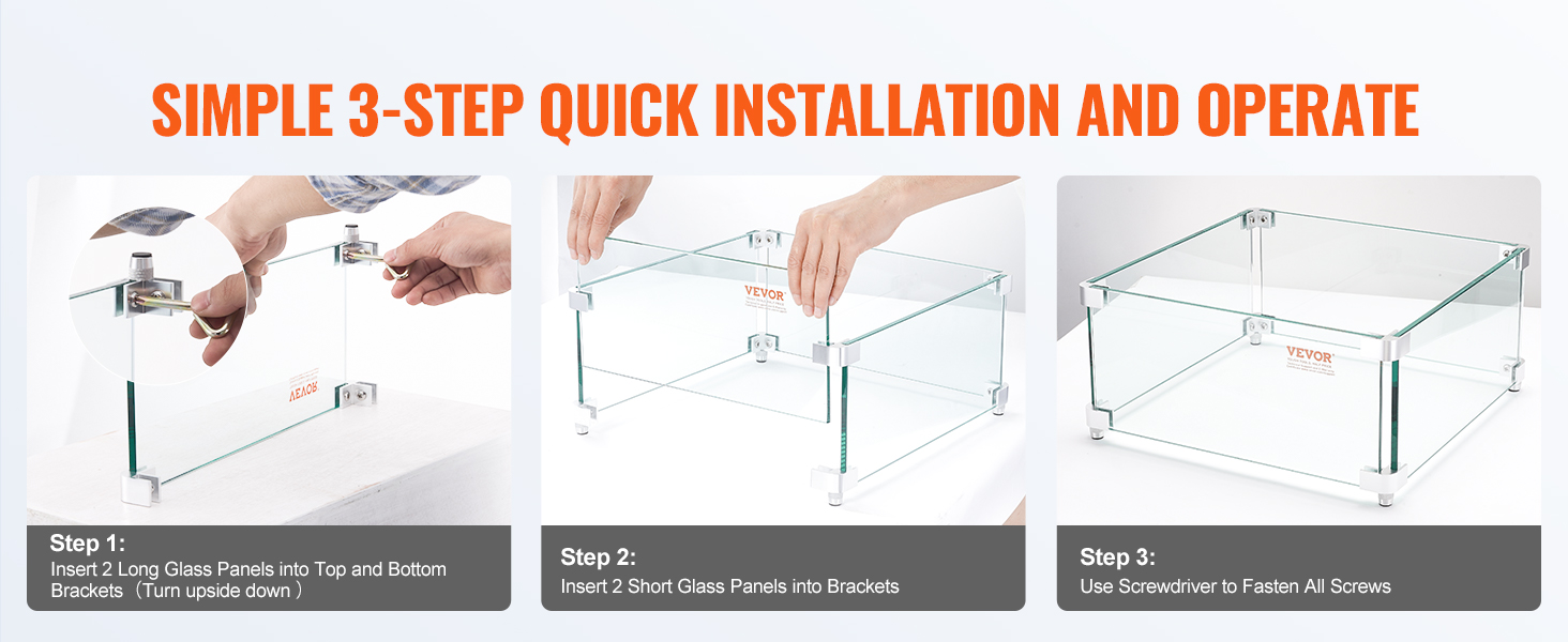 simple 3-step installation of VEVOR gas fire pit wind guard with glass panels and metal brackets.