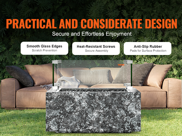 VEVOR gas fire pit wind guard highlights with smooth glass edges, heat-resistant screws, and anti-slip rubber.