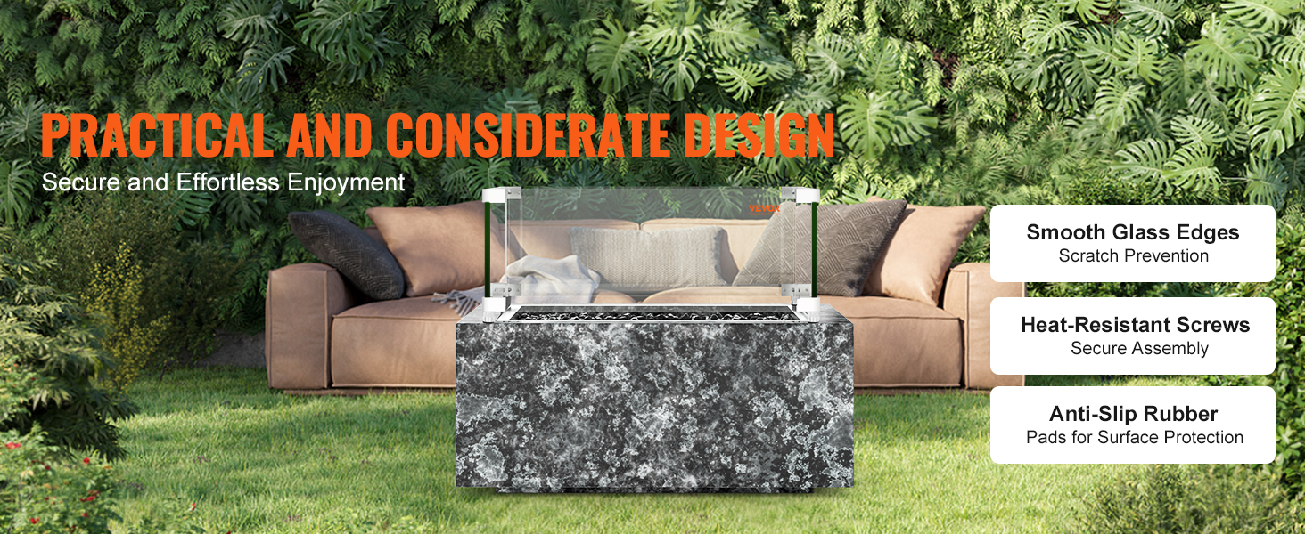 VEVOR gas fire pit wind guard highlights with smooth glass edges, heat-resistant screws, and anti-slip rubber.