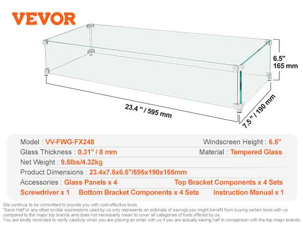 VEVOR gas fire pit wind guard, tempered glass, dimensions: 23.4"x7.5"x6.5". includes brackets and manual.