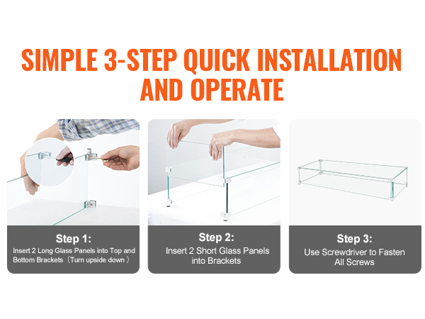 VEVOR gas fire pit wind guard installation: insert glass panels, secure brackets, fasten screws.