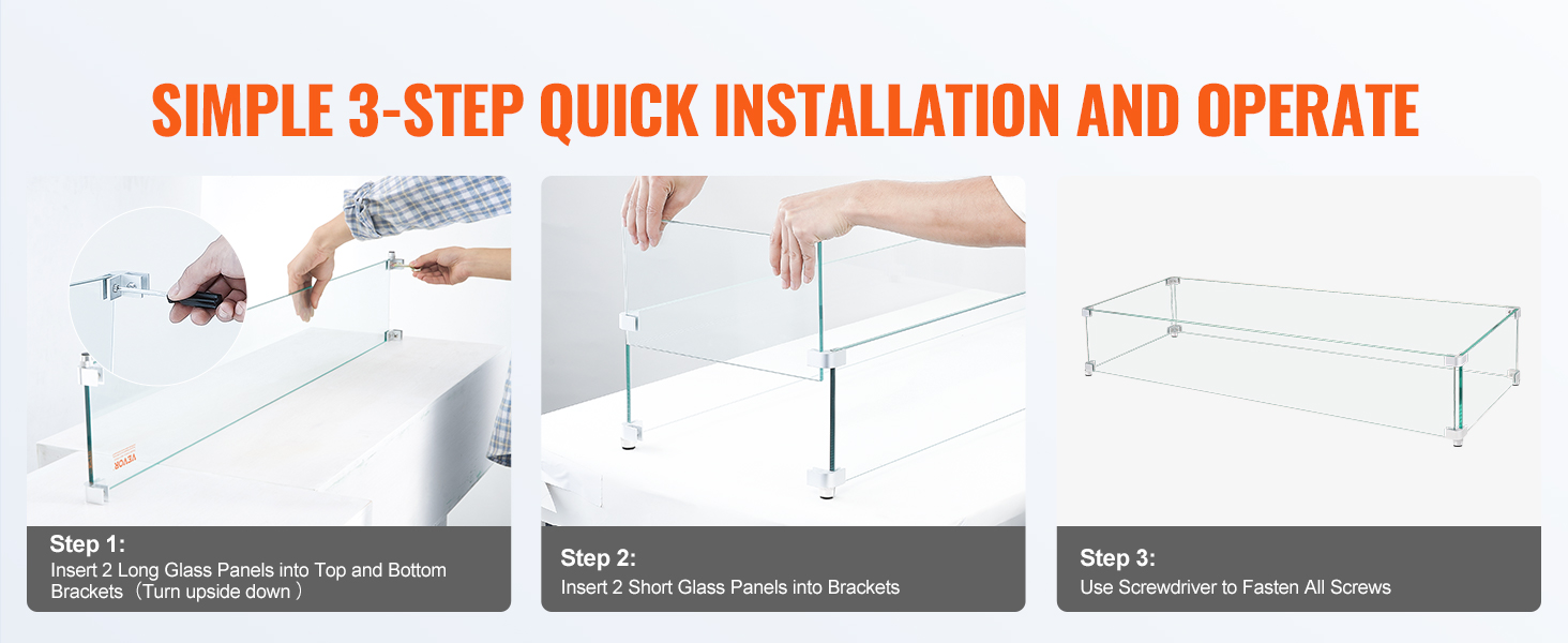 VEVOR gas fire pit wind guard installation: insert glass panels, secure brackets, fasten screws.