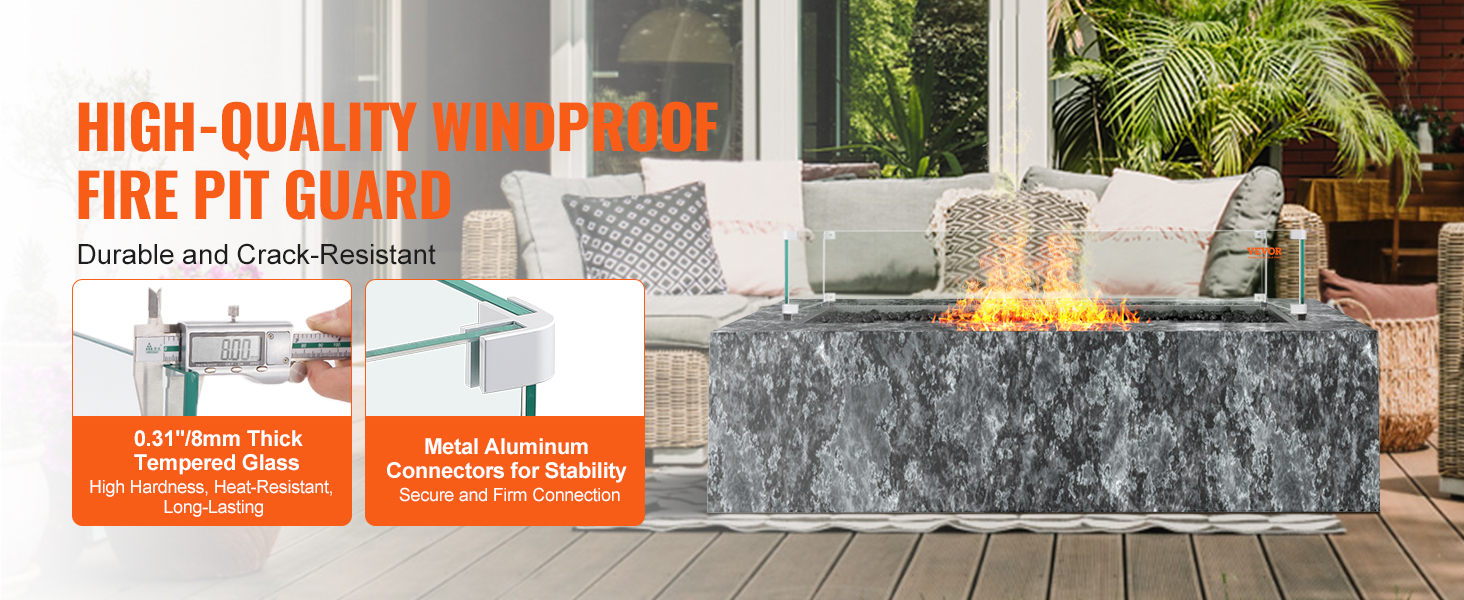 high-quality windproof fire pit guard, durable tempered glass, metal aluminum connectors, VEVOR glass wind guard
