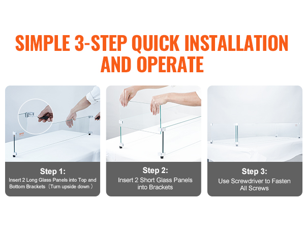 simple 3-step installation guide for VEVOR glass wind guard: insert glass panels into brackets and fasten screws.