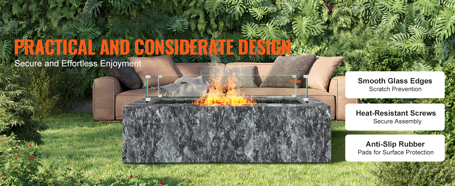 outdoor patio with VEVOR glass wind guard on stone fire pit, lush greenery, and cozy seating.