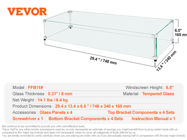 VEVOR glass wind guard dimensions: 29.4 x 13.4 x 6.5 inches. made of 0.31" tempered glass.