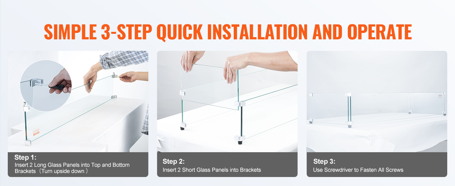 VEVOR glass wind guard installation: insert long glass panels, add short panels, fasten screws.