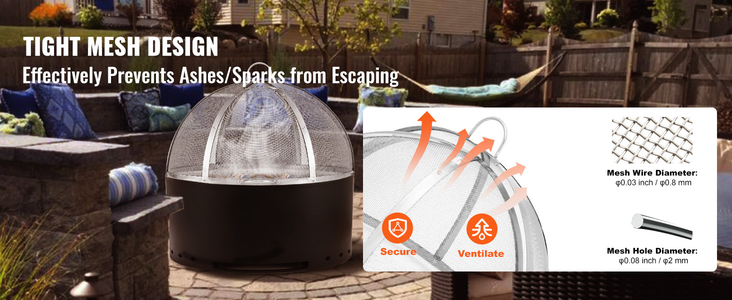VEVOR firepit cover with tight mesh design prevents ashes and sparks, ensuring secure ventilation.