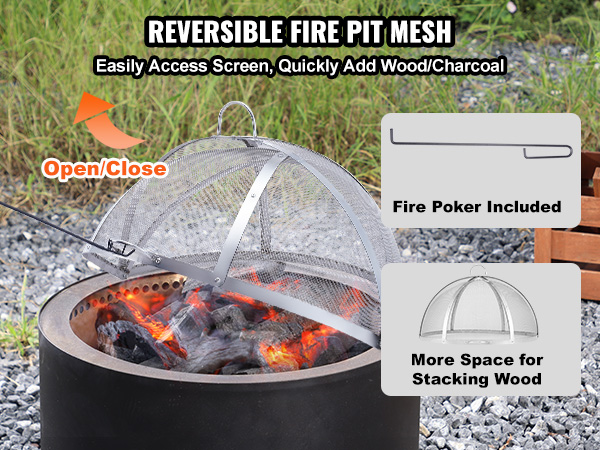 VEVOR firepit cover in use with open/close mesh screen, burning wood, and included fire poker in outdoor setting.