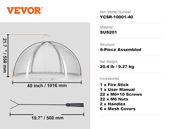 VEVOR firepit spark screen, 40" diameter, sus201 mesh, 6-piece assembly, with fire stick and accessories.