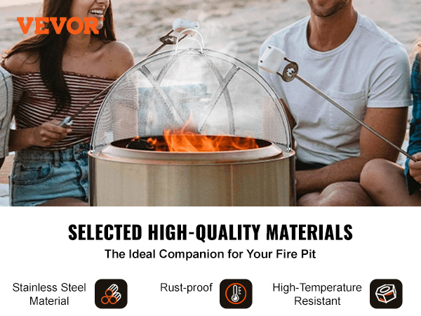 VEVOR firepit spark screen on a beach, showcasing stainless steel material and high-temperature resistance.