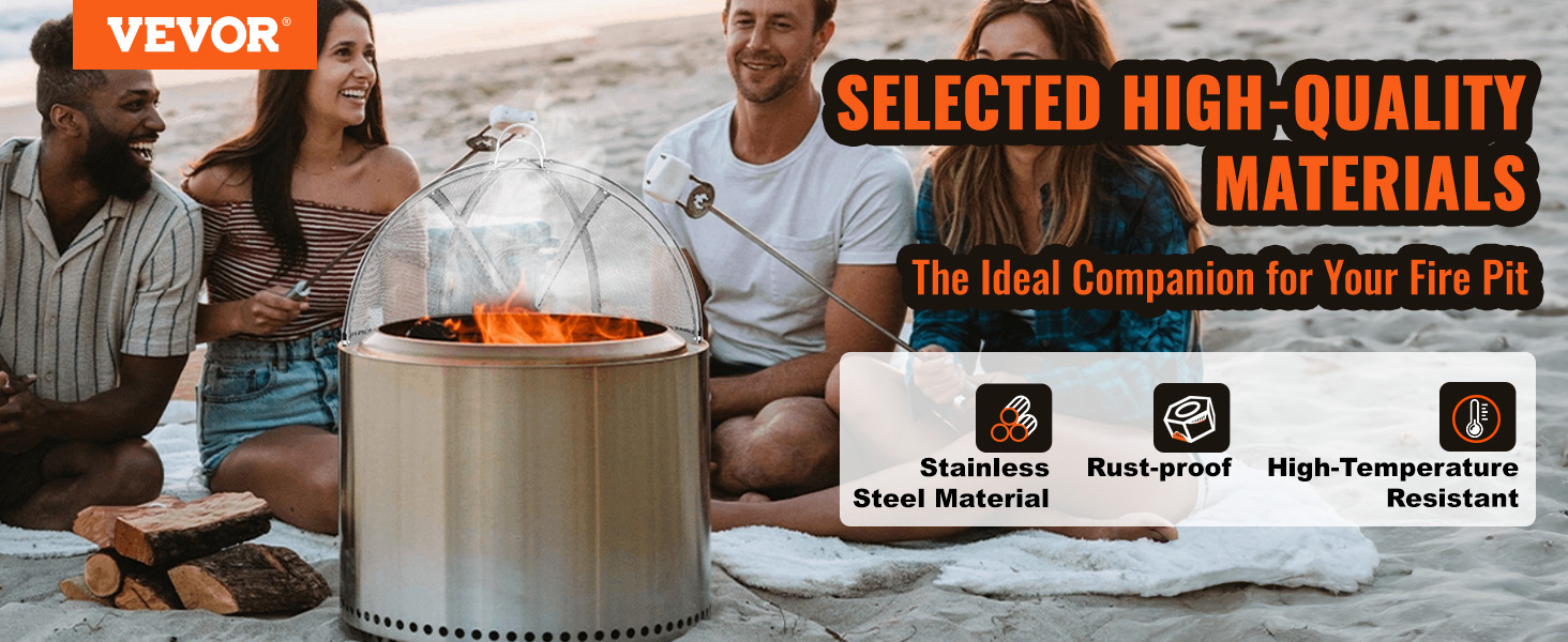 VEVOR firepit spark screen on a beach, showcasing stainless steel material and high-temperature resistance.