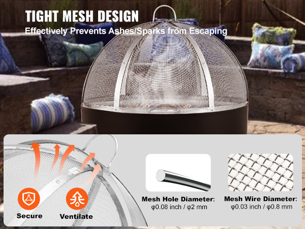 VEVOR firepit spark screen with tight mesh design preventing ashes and sparks from escaping in a patio setup.