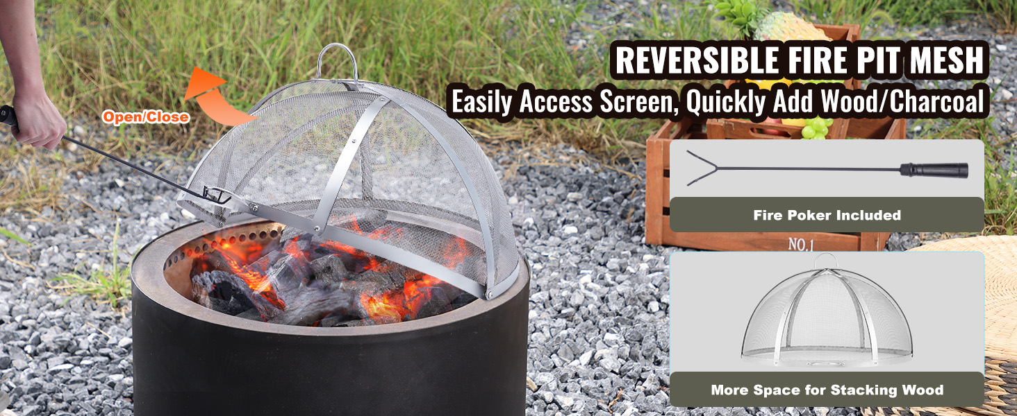 reversible fire pit mesh with VEVOR firepit spark screen, includes fire poker, easily stacks wood.