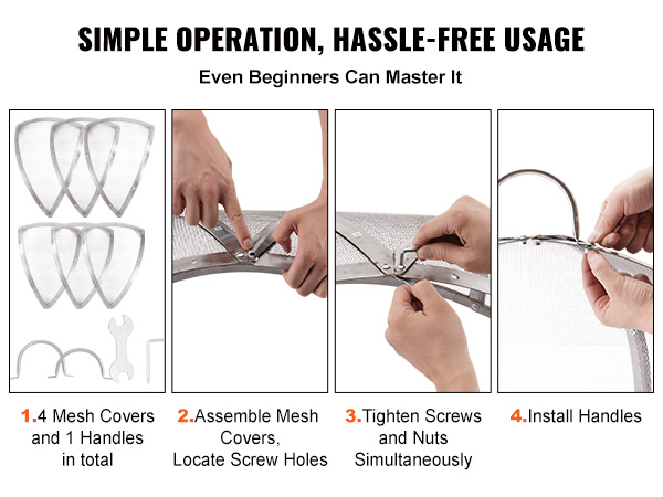 assembly instructions for VEVOR firepit spark screen, showing how to attach mesh covers and handles.