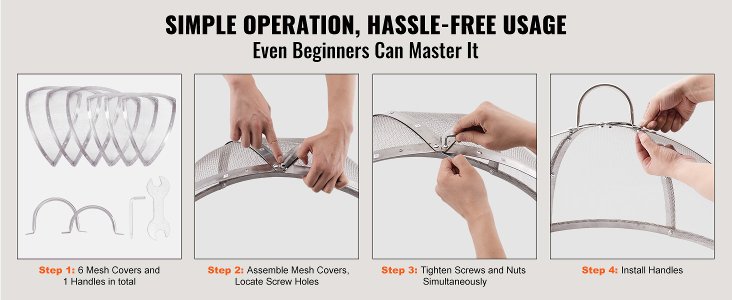 assembly instructions for VEVOR firepit spark screen, showing how to attach mesh covers and handles.