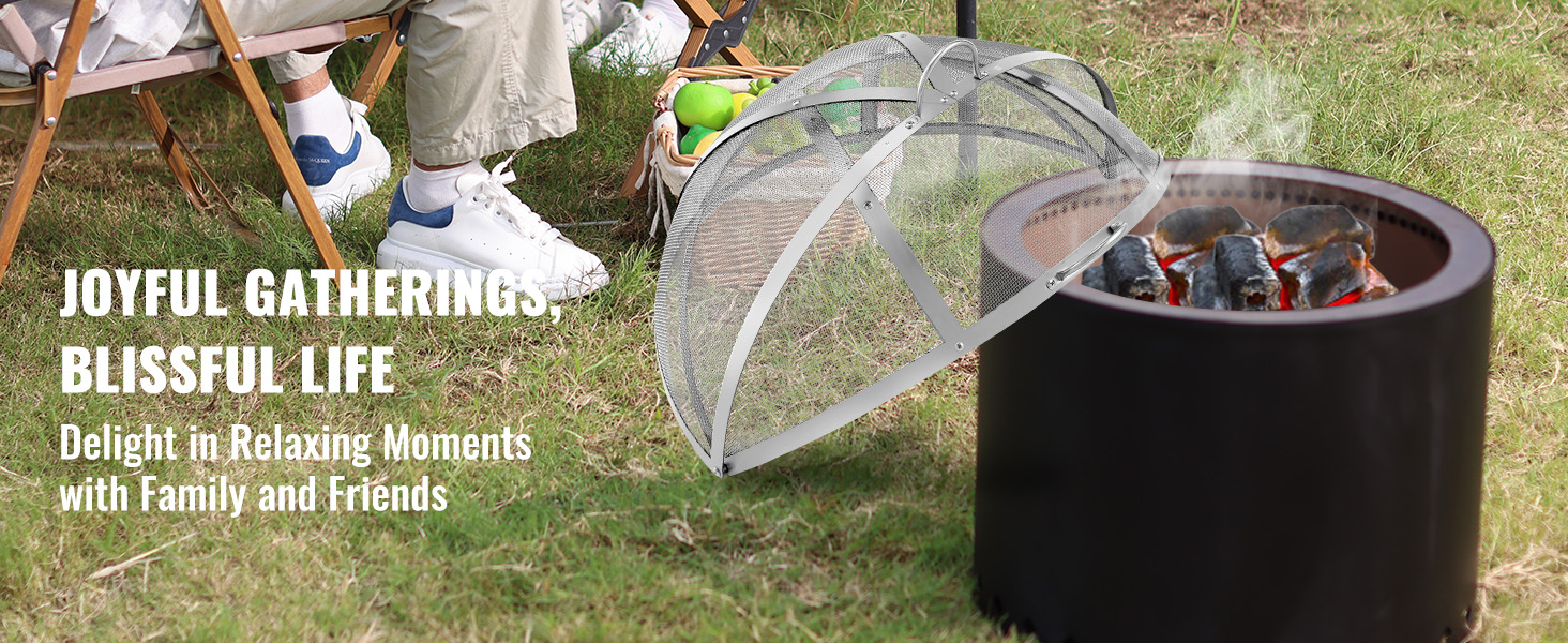 VEVOR firepit spark screen with family enjoying outdoor picnic, green grass, and relaxing atmosphere.
