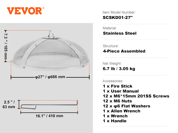 VEVOR fire pit spark screen, 27-inch stainless steel, with accessories and dimensions detailed.