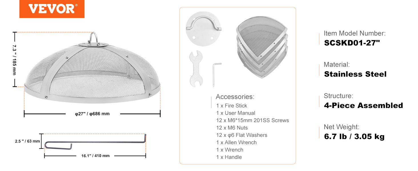 VEVOR fire pit spark screen, 27-inch stainless steel, with accessories and dimensions detailed.