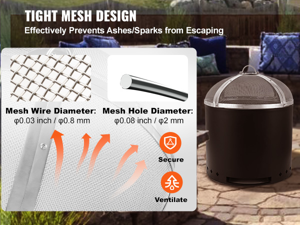 VEVOR fire pit spark screen with tight mesh design to prevent ashes and sparks from escaping.