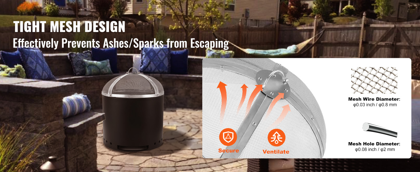 VEVOR fire pit spark screen with tight mesh design to prevent ashes and sparks from escaping.