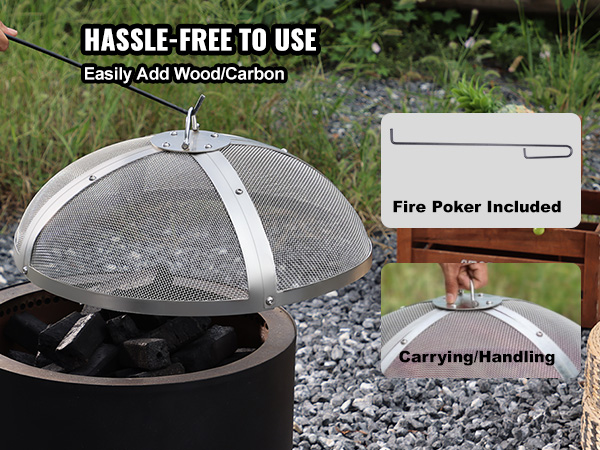 VEVOR fire pit spark screen with fire poker and easy carrying handle, set outdoors with a basket of vegetables.
