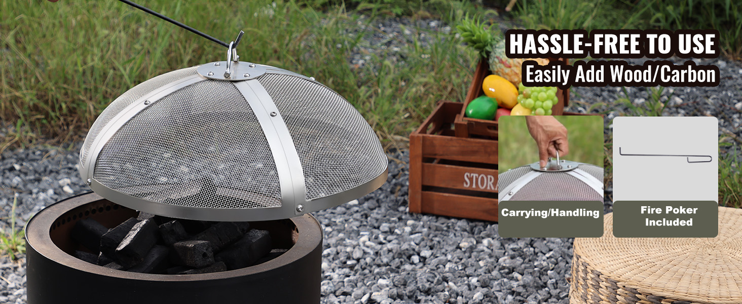VEVOR fire pit spark screen with fire poker and easy carrying handle, set outdoors with a basket of vegetables.